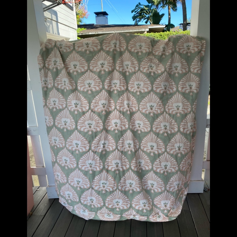 Serena and Lilly rare pink and green palmetto print duvet.